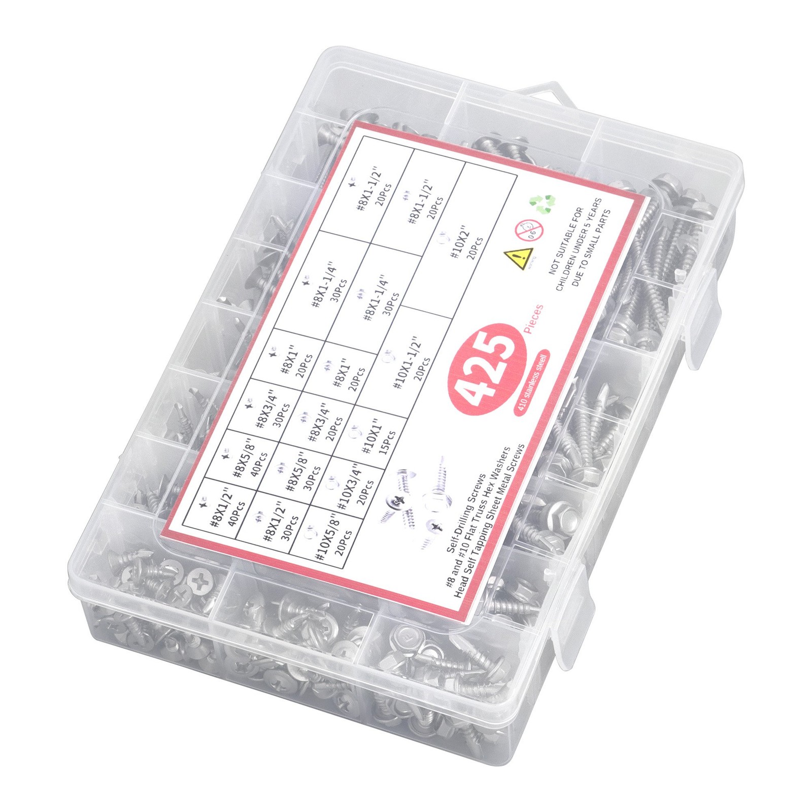 425-Piece 410 Stainless Steel Self-Tapping Screws, #8 #10 Self-Drilling Set