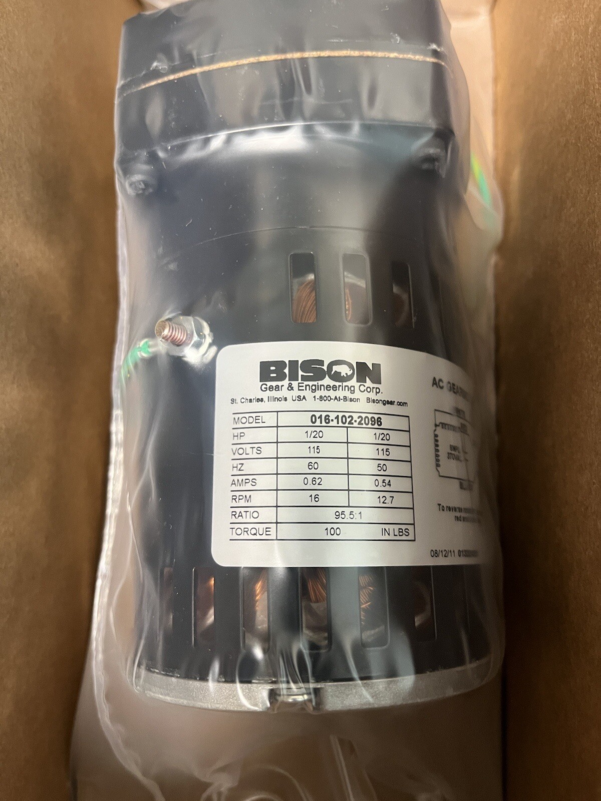 Bison Gear AC Gearmotor, Ratio 95.5:1, 115V 60Hz, 16 RPM
