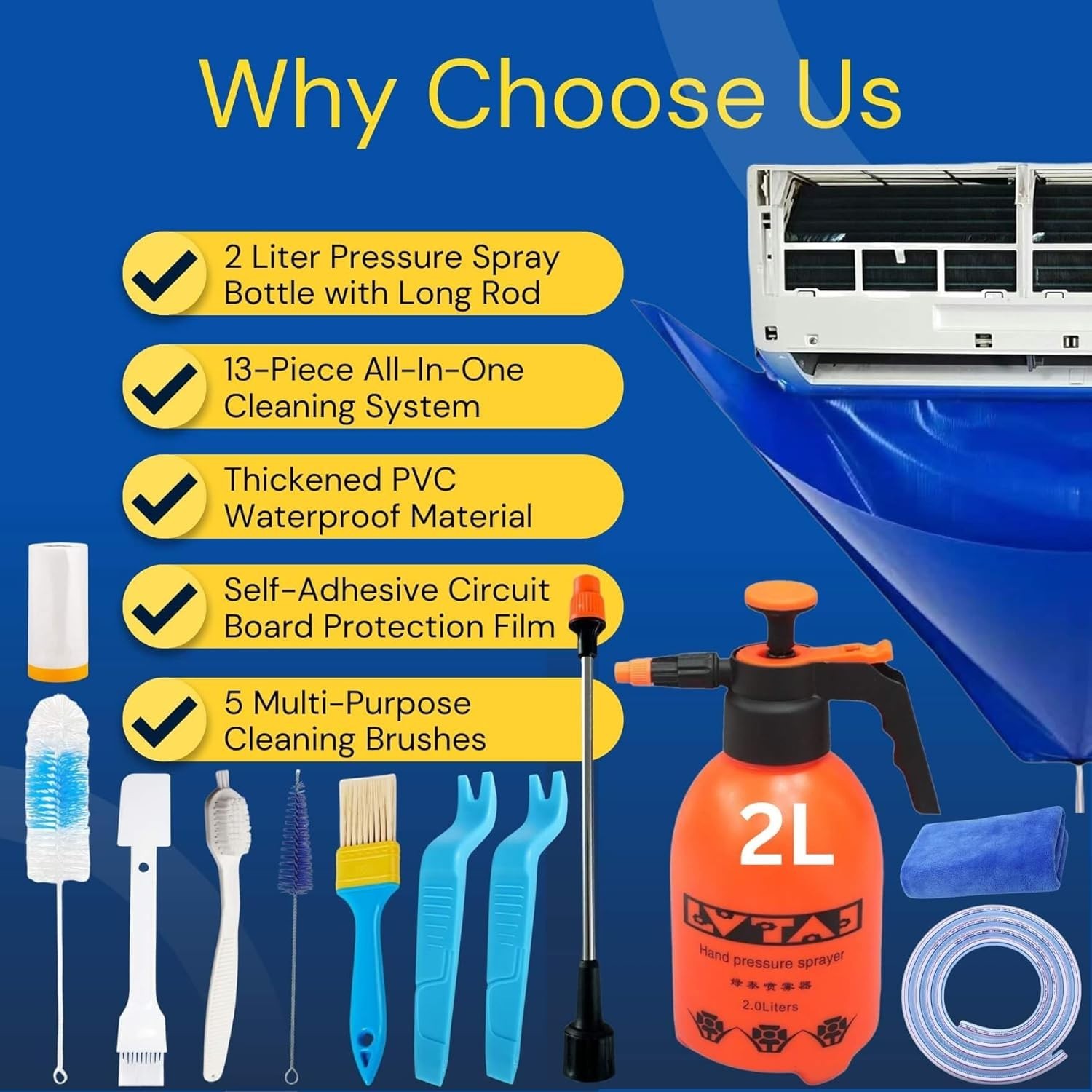 13Pcs Mini Split Cleaning Kit Bag with 2L High Pressure Sprayer, Air Conditioner
