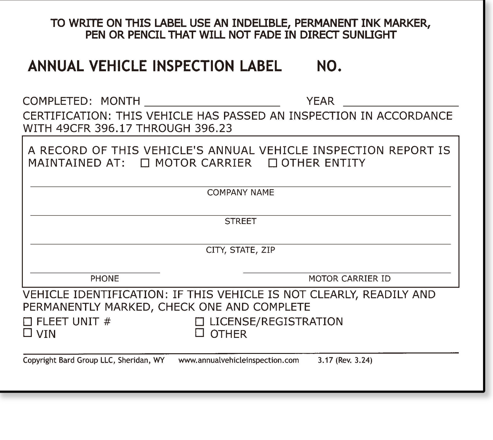 50-PACK. Annual Vehicle Inspection Label 2-Ply Vinyl with Mylar. FMCSA DOT Compl