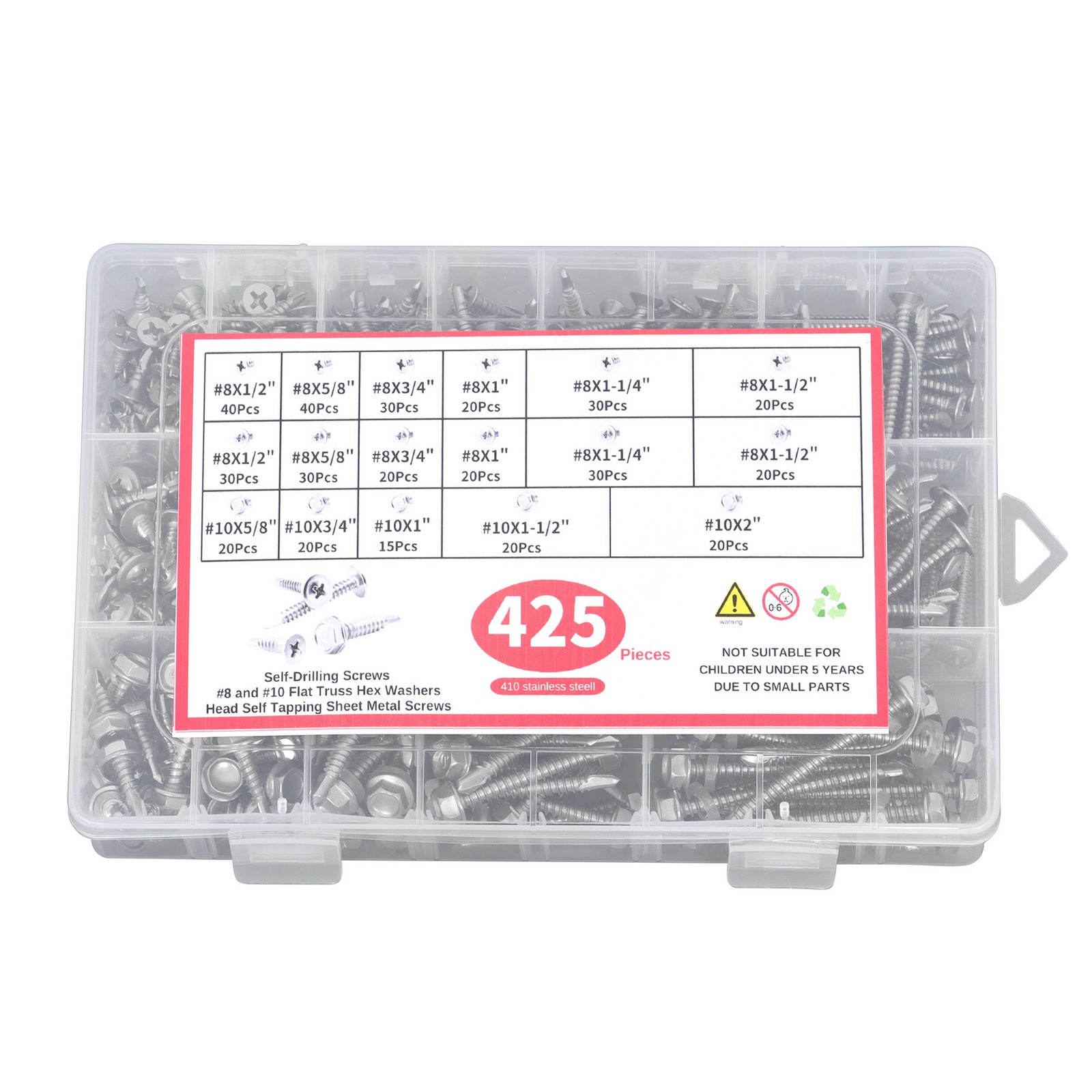 425-Piece 410 Stainless Steel Self-Tapping Screws, #8 #10 Self-Drilling Set