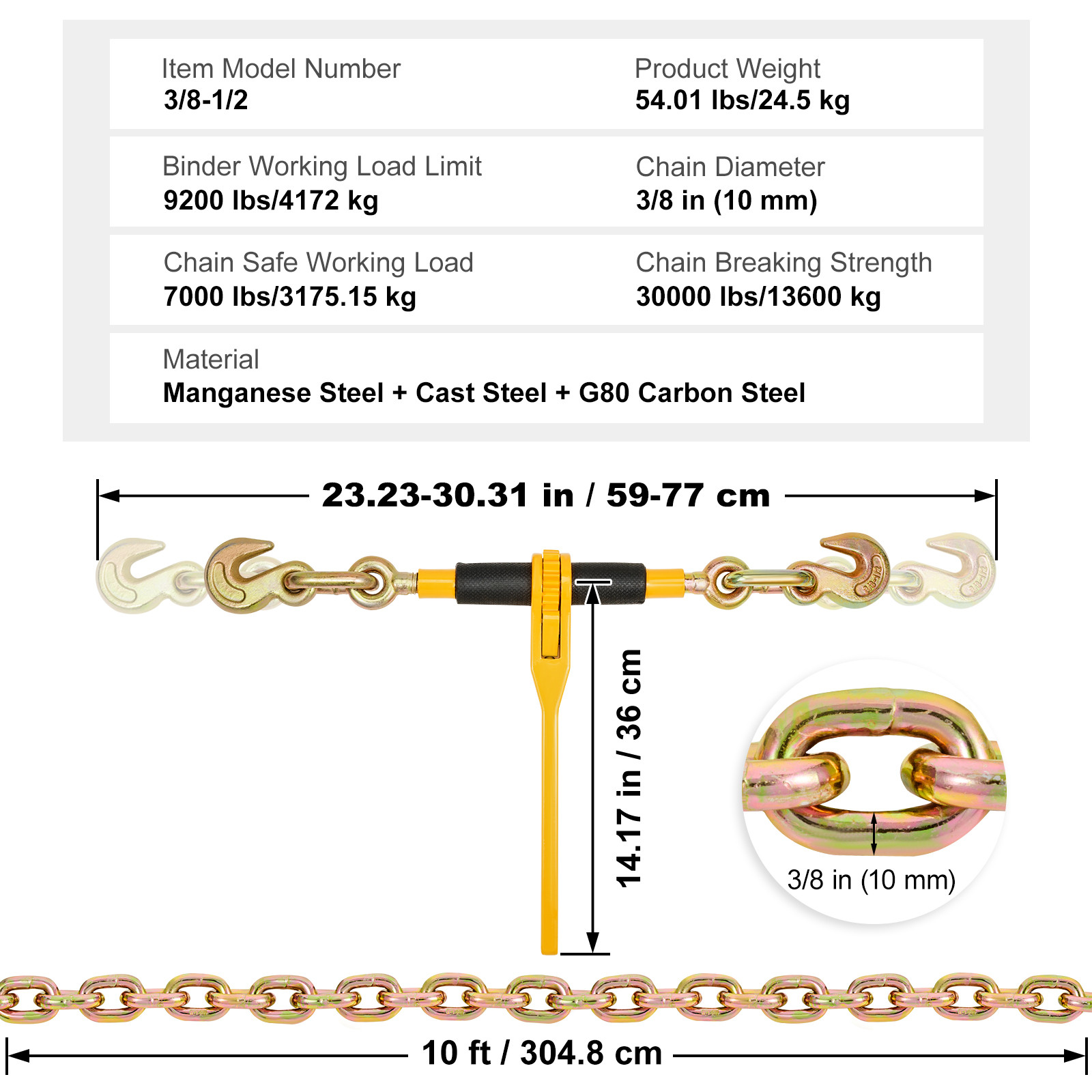 VEVOR Chain and Binder Kit 3/8″-1/2″ Ratchet Load Binder 3/8″ x 10′ Chain 2 Pack
