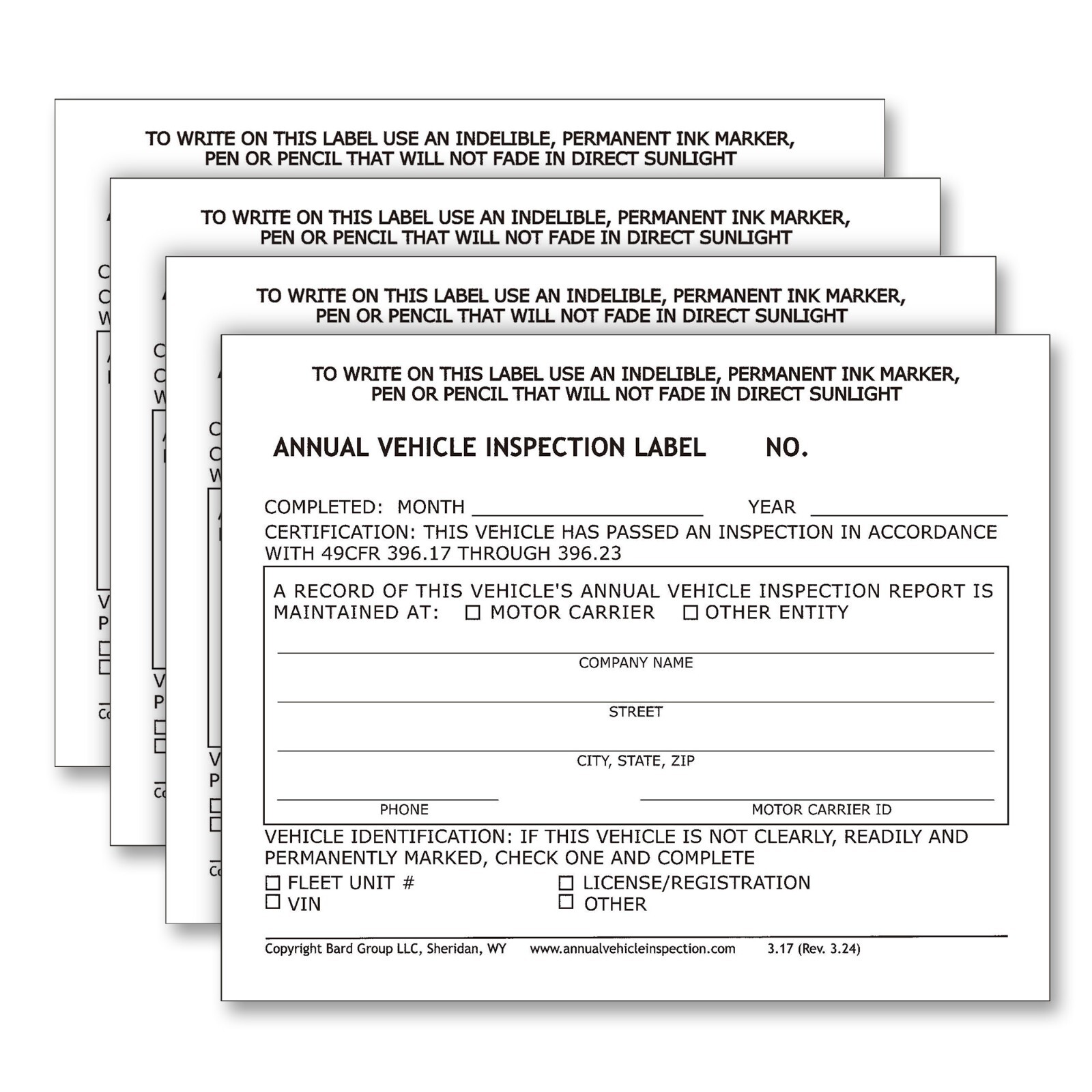 50-PACK. Annual Vehicle Inspection Label 2-Ply Vinyl with Mylar. FMCSA DOT Compl